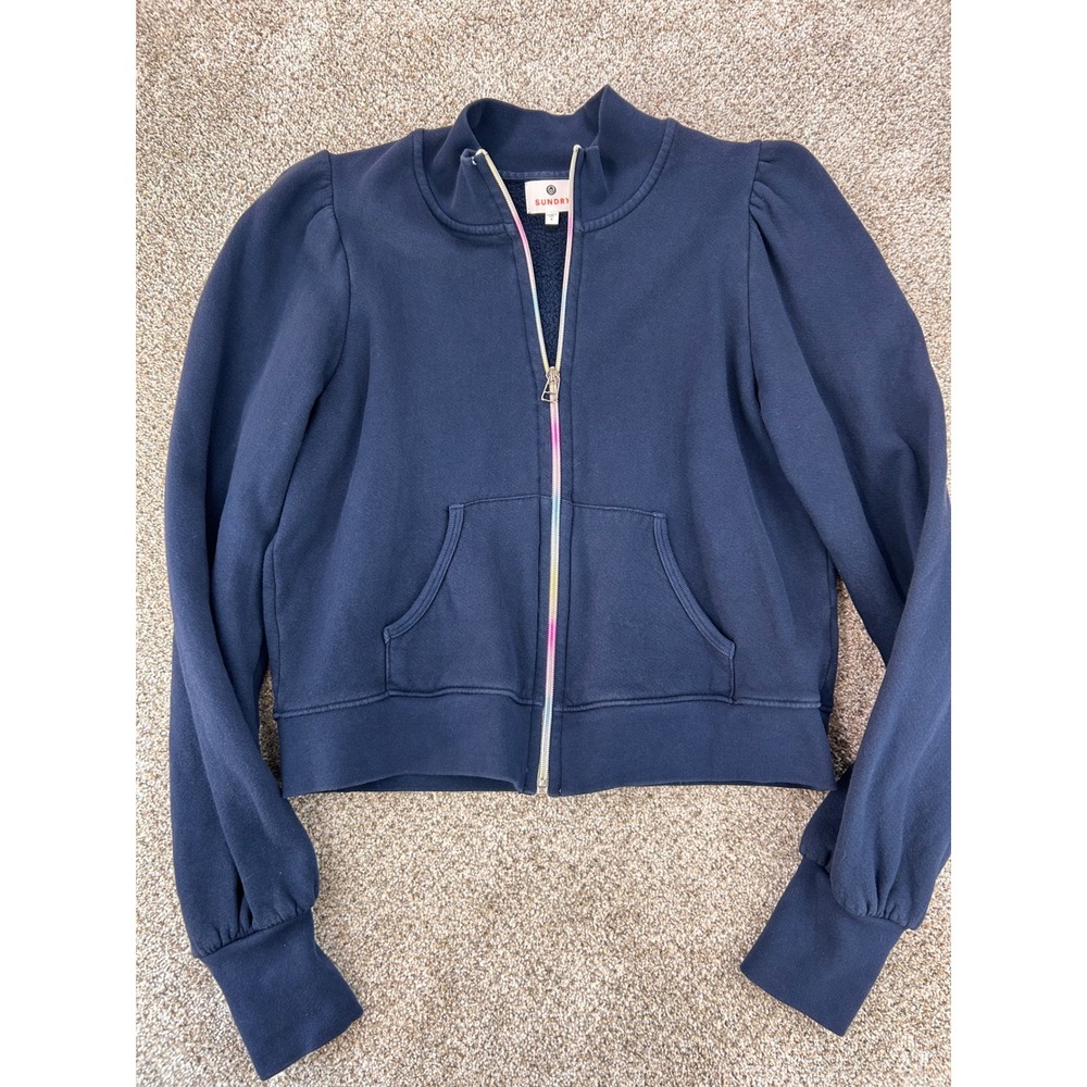 Sundry Navy Blue Puff Sleeve Rainbow Zip Front Fleece Sweatshirt Size 1 Small